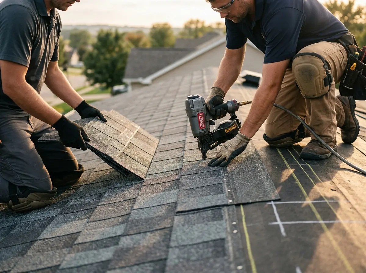 Professional roofer working on a residential roof in Raymond